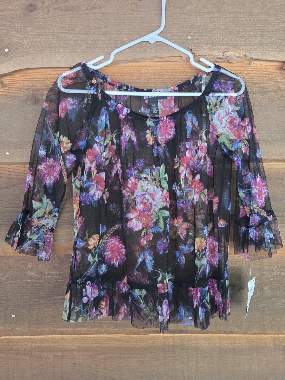 Nwt INC International Concepts Polka Dot Sheer Purple And Black Floral Blouse
